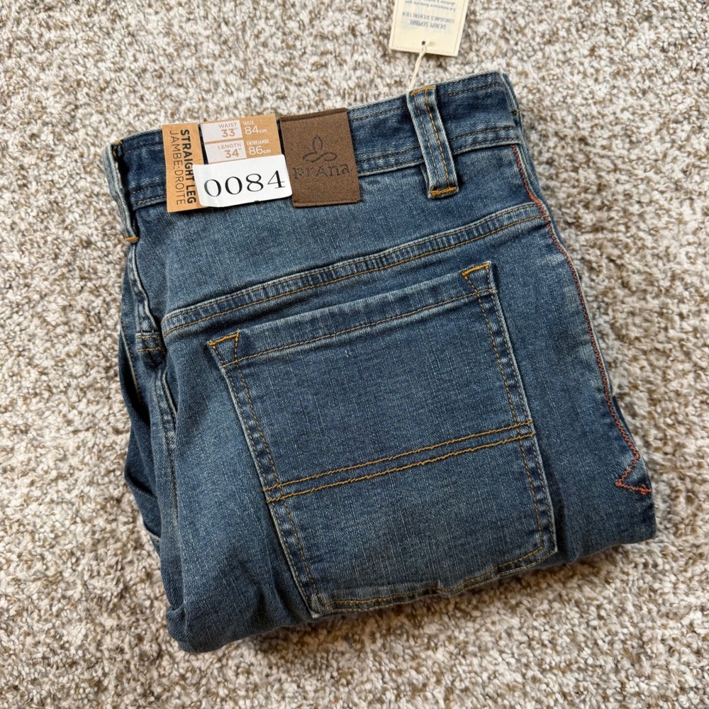 Prana Axiom Straight Leg Jeans Mens 33x34 Stone Wash Dark Wash Stretch Denim New
